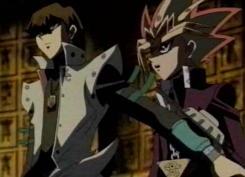 YuGiOh Episode 180 - The evidence for prideshipping! Seto shielding Yami...lol, no, he's stopping him from doing something.