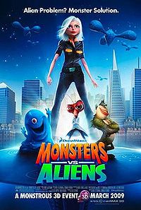 monsters versus aliens poster - the new movie from dreamworks animation with the voices of reese witherspoon, seth rogen and others. it is about a girl hit by a meteorite that becomes giant and considered by the government as monsters. along with the other monster, they become the earth's defense against alien invasion.