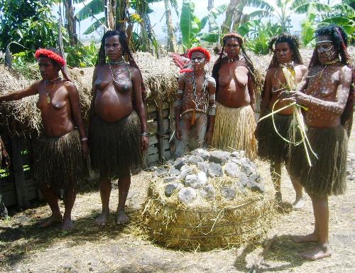 The Dani Tribe, Baliem Valley, West Papua - The Dani ladies preparing the cooking pit. For more information on the Dani Tribe and West Papua see www.Travelasia.today.com
