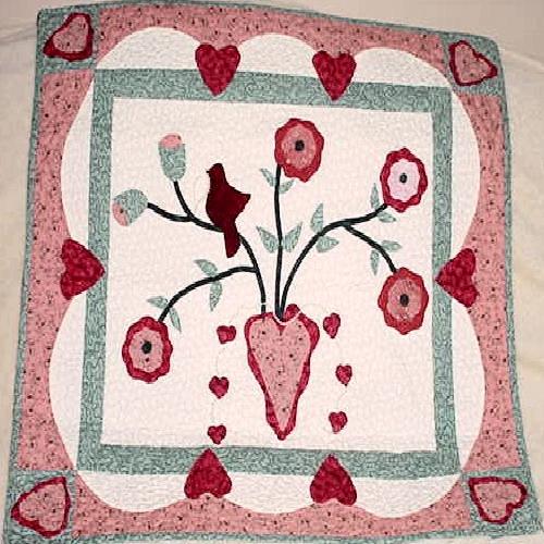 Valentine Applique Wallhanging - Wallhanging with heart appliques, embellished with pearl beading and embroidery.