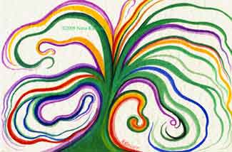 'Joyful Tree,' ©2009 by Nina Kuriloff - This is a painting I created in gouache on paper, that measures 4 x 6 inches. It is an imaginary tree with a joyful spirit.