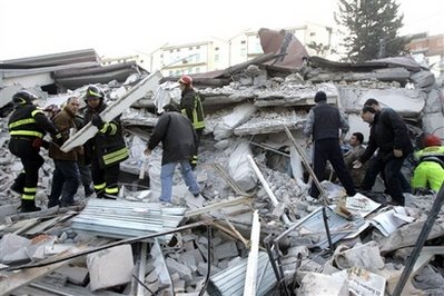 earthquake - photo of rescuers helping a survivor of the L&#039;Aquila city quake in Italy. Photo courtesy of the Associated Press (AP).