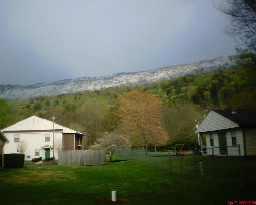 snow on the mountain - It snowed last night on top of the mountain. You can see in this photo that the snow is only on the top of the mountain and doesn't extend into the valley.