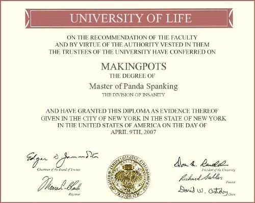 Panda Spanking Diploma - Awarded to makingpots for panda spanking recognition.