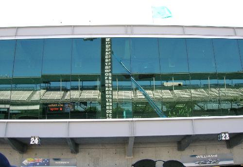 Inidanapolis Motor Speedway   - Reflective windows above pit row at IMS.