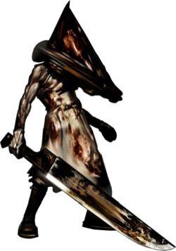 Red Pyramid (Pyramid Head) - This lumbering, monstrous creature takes on the appearance of an executioner from the town's past, wielding an impossibly large sword known as the Great Knife and on other occasions a spear. It's depicted wearing a blood stained, triangular metal helmet. He relentlessly stalks both James and Maria and is the incarnation of the part from James's consciousness that believes he deserves punishment for murdering his wife and his repressed sexual urges. The creature is officially known as the Red Pyramid Thing according to the creator's commentary found in The Book of Lost Memories. However, the name can also be interpreted as 'Pyramid Head' which also was used in dialogue by the game's protagonist, James Sunderland. The latter name was widely used since the Silent Hill 2's release in 2001, two years prior to the publication of Lost Memories, and has since been confirmed as also another official title for the creature.   - answers.com