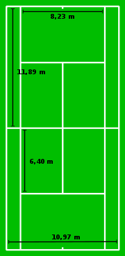 Tennis  - The dimensions of a tennis court, in metric units.
