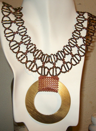 woven beaded collar with disc - green bugle and seed beads with copper beads and a disc