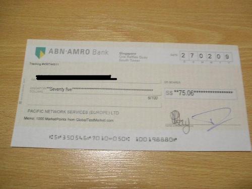 GlobalTestMarket Payment Proof - check for USD50/S - Just received check from GlobalTestMarket for 1000 marketpoints I accumulated doing surveys for them.