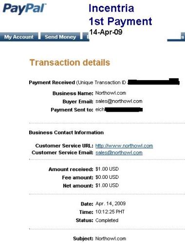 Incentria Payment Proof - 1st payment from Incentria.