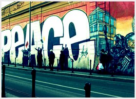 peace ! :) - This is a photo that I did not take, a friend sent it to me. Credit goes to the photographer xD I love peace :) This is the word peace graphittied on a wall. Its pretttty bombin :)