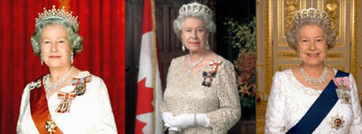 Politics and Governance - Three portraits of Queen Elizabeth II illustrating her different positions as sovereign. Left: as Queen of New Zealand, wearing the Order of New Zealand, the Queen's Service Order, and the sash and the star of the New Zealand Order of Merit; centre: as Queen of Canada, wearing the Sovereign's insignia of the Order of Canada and the Order of Military Merit; right: as Queen of the United Kingdom, wearing the insignia of the Order of the Garter and the Royal Family Orders of King George V and King George VI.