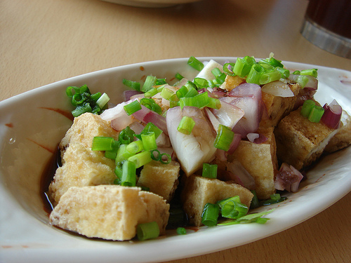 tofu, fried tofu in soy souce, onion and spring on - delicious tofu recipe of all-time.even kids will like