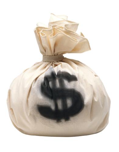 Money! - Stacks and stacks of money all tossed in one bag. One bag full of money to the brim and tied tightly with rope to contain it, complimented by the famous dollar sign, except in black.