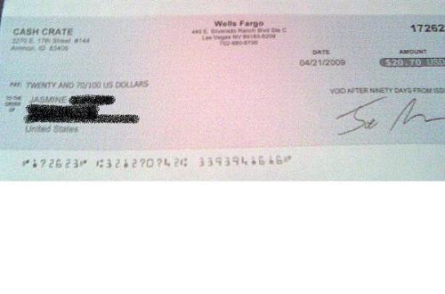 My Cash Crate Check - This is how the check comes and it looks just like this.