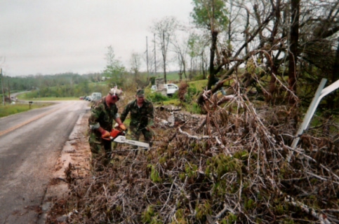 Missouri Militia clearing tornado damage -  the Missouri State Militia in disaster mode, after a tornado, clearing roads.