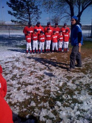 My son Tyler's baseball team pictures in the snow  - My eight year old son, Tyler's baseball team pictures in the snow today!
