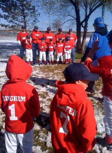 My eight year old son, Tyler's baseball team pictu - My eight year old son, Tyler's baseball team pictures in the snow today!