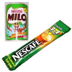 my choco and caffeine fix^_^ - Milo chocolate powder and Nescafe Hazelnut Coffee satisfy anyone's chocolate and caffeine craving.