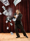 money magic - magician conjuring money out of his hat......with smokie smoky .