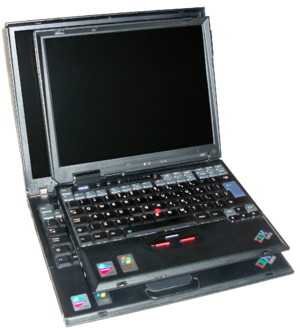 Laptop - A laptop (also known as a notebook) is a personal computer designed for mobile use small enough to sit on one's lap. A laptop includes most of the typical components of a desktop computer, including a display, a keyboard, a pointing device (a touchpad, also known as a trackpad, and/or a pointing stick), speakers, as well as a battery, into a single small and light unit. The rechargeable battery required is charged from an AC/DC adapter and typically stores enough energy to run the laptop for two to three hours in its initial state, depending on the configuration and power management of the computer.  Laptops are usually shaped like a large notebook with thicknesses between 0.7–1.5 inches (18–38 mm) and dimensions ranging from 10x8 inches (27x22cm, 13' display) to 15x11 inches (39x28cm, 17' display) and up. Modern laptops weigh 3 to 12 pounds (1.4 to 5.4 kg); older laptops were usually heavier. Most laptops are designed in the flip form factor to protect the screen and the keyboard when closed. Modern 'tablet' laptops have a complex joint between the keyboard housing and the display, permitting the display panel to twist and then lay flat on the keyboard housing. They usually have a touchscreen display and some include handwriting recognition or graphics drawing capability.  Laptops were originally considered to be 'a small niche market' and were thought suitable mostly for 'specialized field applications' such as 'the military, the Internal Revenue Service, accountants and sales representatives'. Battery-powered portable computers had just 2% worldwide market share in 1986. But today, there are already more laptops than desktops in businesses, and laptops are becoming obligatory for student use and more popular for general use. In 2008 more laptops than desktops were sold in the US and according to a forecast by the research firm IDC and Intel, the same milestone will be achieved in the worldwide PC market as soon as 2009.