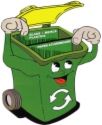 Recycle  - This is a cartoon picture of a recycle bin and it helps to bring the message across that we should be recycling all our unwanted things instead of throwing them away like waste.