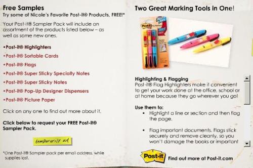 Post It Sample Page - Screen shot of the current free sample pack they are offering Post It Sample Page - Screen shot of the current free sample pack they are offering