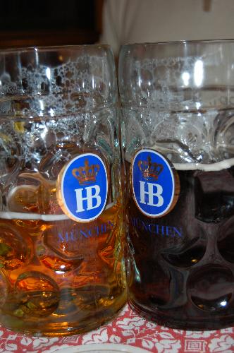 HB Beer - Hofbrau Beer. Dunkel (Dark) and Hell (Light) 