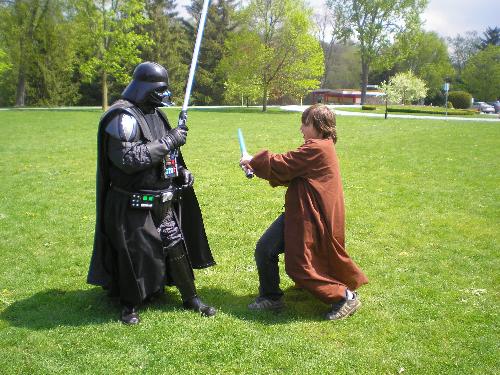 Darth Vader and Annakin - My son as Annakin Skywalker, dueling Darth Vader.