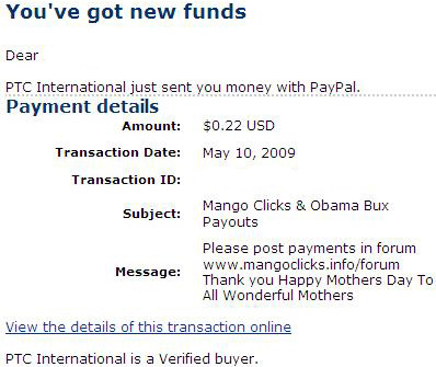 Woohoo! I got the 3rd payment from Mango Clicks ag - Got paid by Mango Clicks once again! This time at $0.22!