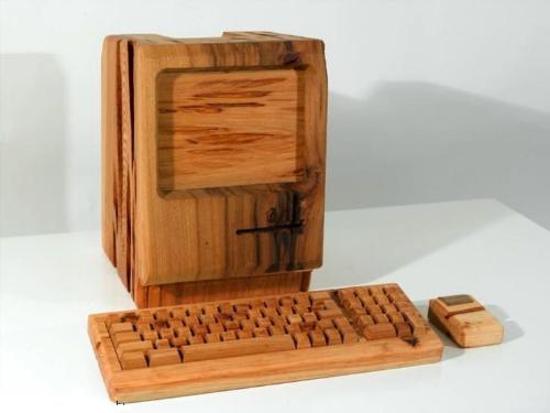 old fashioned computer - computer carved from wood