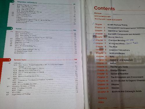 Mathematics and Chemistry textbook content page - The chapters that i need to cover for my test tomorrow!