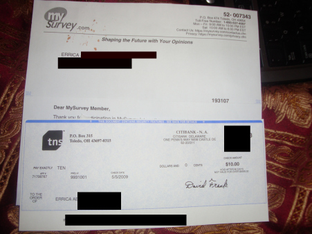 my check from MySurvey - i love survey sites