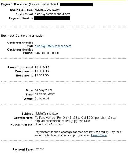 Proof of payment Nomincashout - The payment proof that nomincashout has paid me. I was shocked to see it.