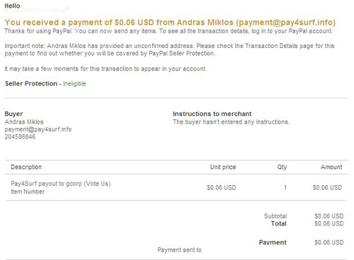 Payment from Pay4Surf - Payment from Pay4Surf, a manual traffic exchange.