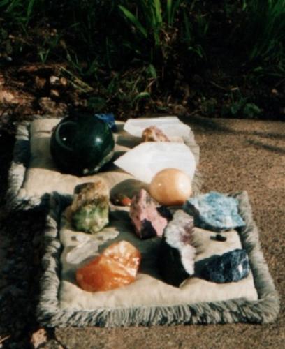 Crystals taking a sun bathe! - Bloodstone and quartz crystals among others...