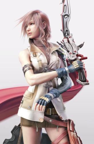 Final Fantasy XIII Main Character - Her name is Lightning. A young woman previously associated with the cocoon military who has been given a task by Crystal. Lightning has long strawberry-blonde hair and is 170 cm tall (57'). Lightning wields a combination of a gun and a sword and can also manipulate gravity with a device on her thumb.