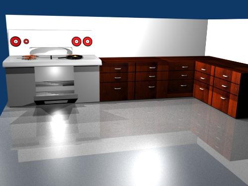 Blender 3D Kitchen - Created by myself in blender 3D, it is a 3D scene of a kitchen, with 3D models like a stove, egg, frying pan, and desks, plus a mug in it.