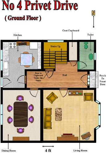 Privet Drive - I got this house layout from net. It perfectly fits the description of the house where the durselys and Harry used to stay. Check it out.  This is the ground floor layout.