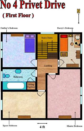 4 Privet drive, first floor - This is the first floor of the house. Check out the ground floor as well. here you will find three bedrooms. 2 master bedrooms. One for vernon and petunia dursley and second for dudley. The third one was earlier dudley's toy room later given to harry.