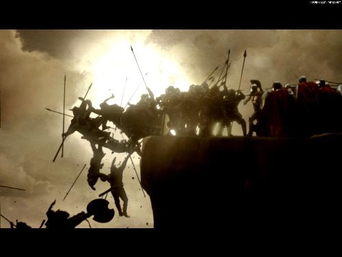 300 the movie - pushing the persians from the cliff