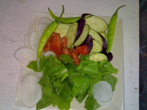 vegetables - This picture is composed of radish, lettuce, tomato, eggplant and green pepper.