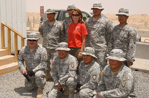 Sarah Palin with a Group of US Soldiers - Sarah Palin went to Kuwait and visited the Alaskan National Guard troops.