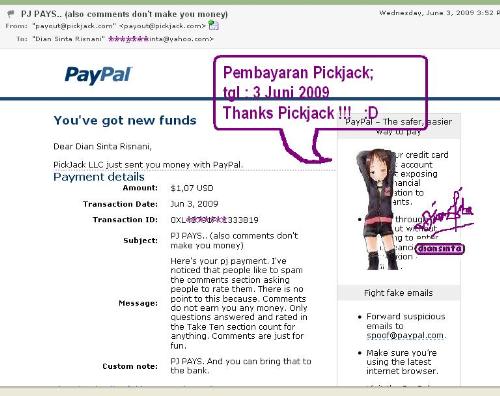Pickjack Payment June 3th,2009 - Pickjack Payment June 3th,2009 amount $1,07 , interesting about this site, please yu feel free to visit my profile.