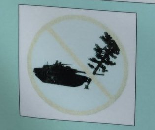 No rolling over trees in tank sign - A humorous picture of a sign that discourages running over trees in a tank.