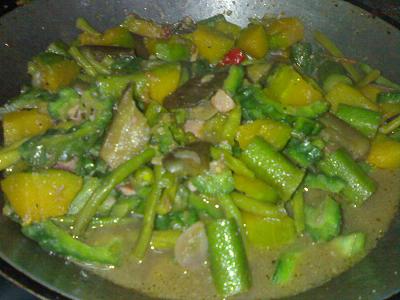 mixed vegetables - Its a dish here in philippines called pakbet. This is a delicious dish and healthy coz it has a lot of vegetable like okra, squash, long beans, bitter melon and egg plant. You can add ground pork/beef if you like.