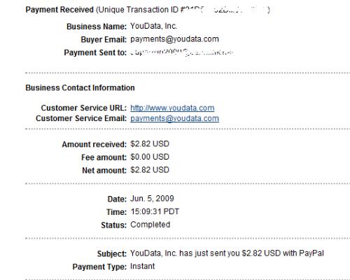 You Data Payment Proof - This is my payment proof from youdata after just 3 days when i first signed up!