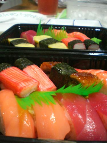 Sushi for dinner - This Picture was taken by my eldest sister at her friend's house because she went there to have a sleepover.   Although this picture was some sort of eye candy, i'm starting to get really hungry as i look to this picture (i want sushi right now!)