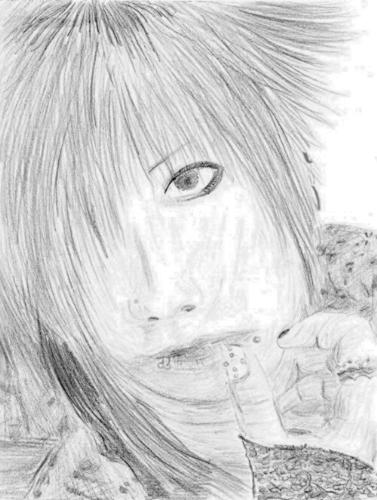 Kazuki - From a photo of Kazuki from SCREW modeling press-on fingernails, ha ha. I did an original in colour, but my scanner ate some of the colours. (It loves gobbling up oranges, and I used quite a bit of orange and yellow tones for the hair.) So I did a quick-fix in PSP9 and made the image black-and-white, which is more to my preference anyway.