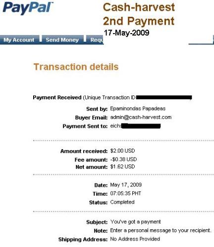 Cash Harvest Payment - Second Payment from Cash Harvest